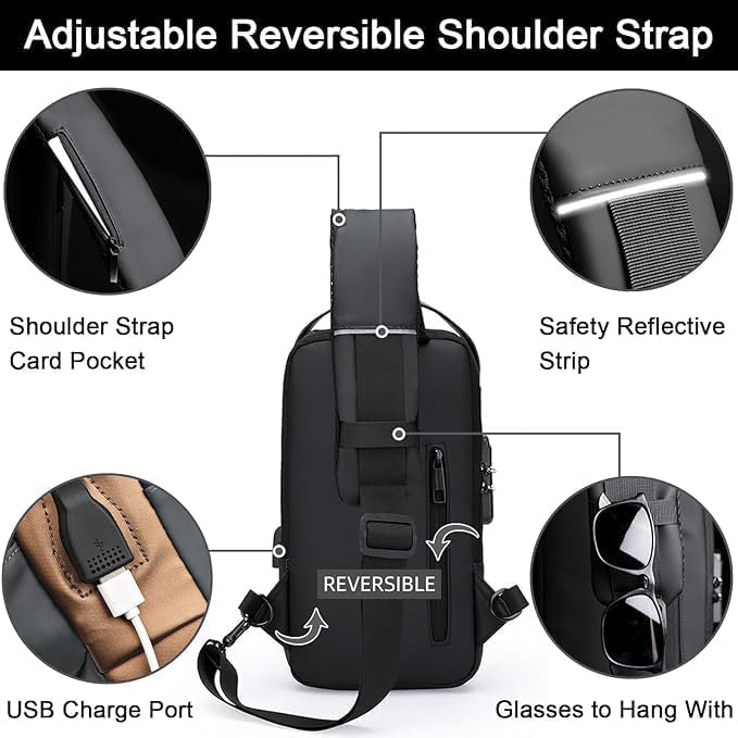 FASHION Men's Anti-Theft PU Leather Chest Bag With Password Lock & USB Charging - Waterproof Travel Sling Bag